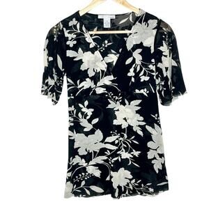 Y2K Mesh Floral Babydoll Top Womens Small Sheer Fairy Nature Romantic Ethereal